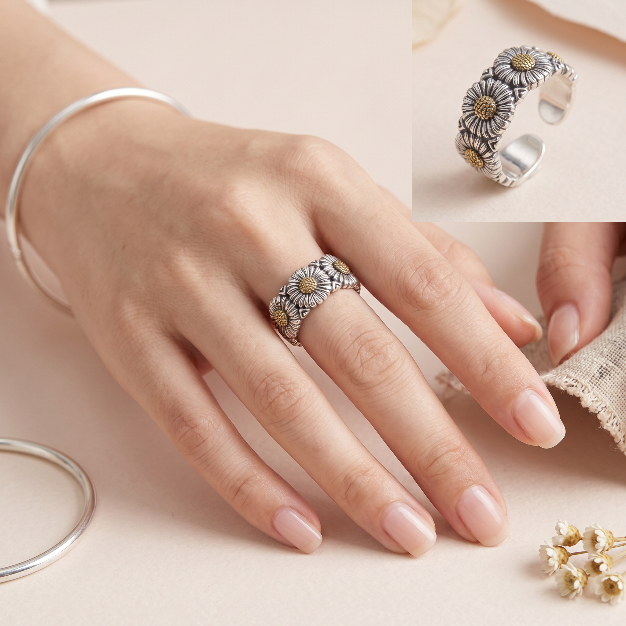 Hand Wearing Tree Of Life Bracelet Matching Ring Set Boho Spiritual Crystal Stackable Jewelry