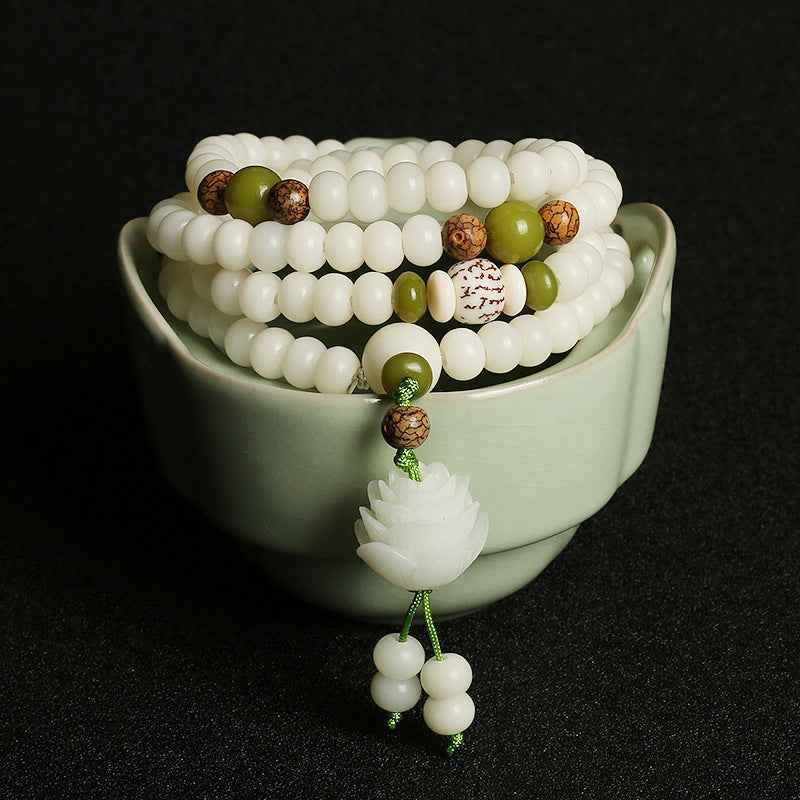 White Jade Bodhi Lotus Mala Harmony Necklace Bracelet