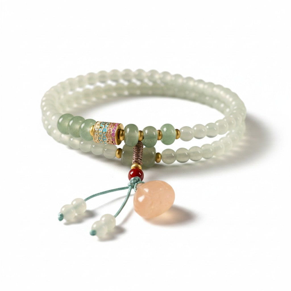 Double Wrap Pale Jade Bracelet With Tassel Charm Purifying Aura Chakra Healing Spiritual Jewelry