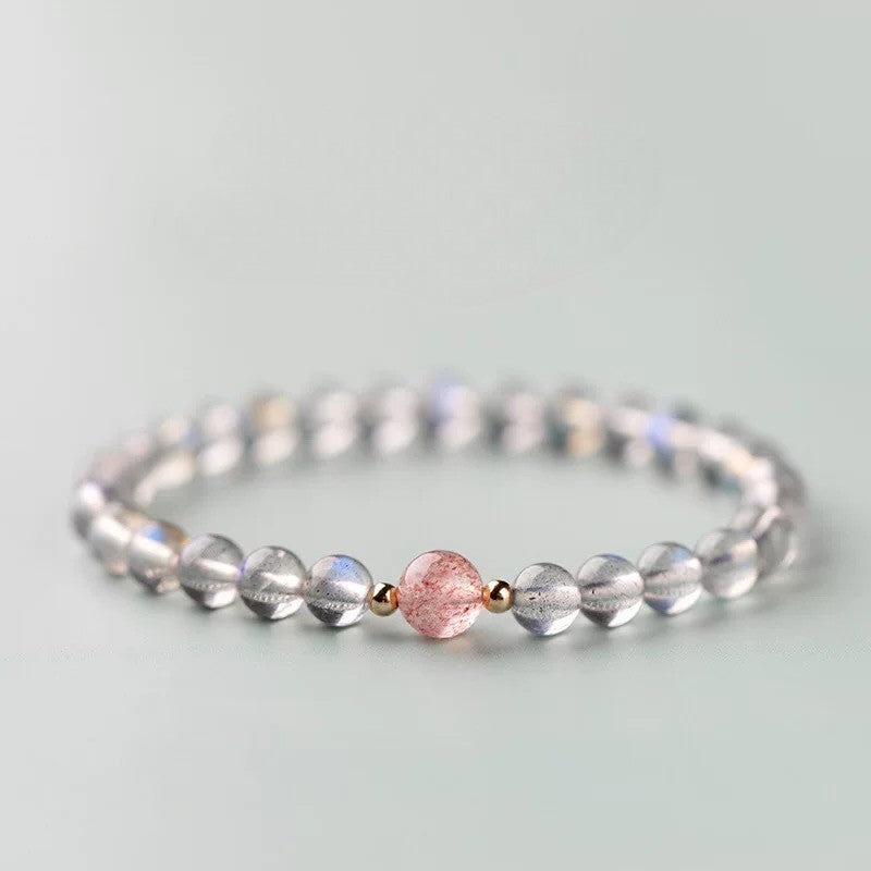 Gray Moonstone and Strawberry Quartz Beaded Bracelet