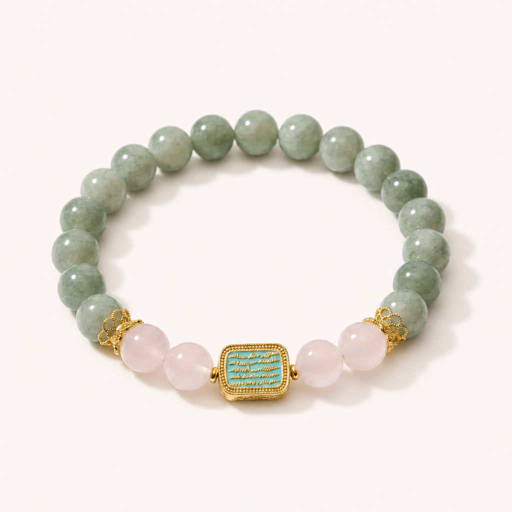 Green Jade Rose Quartz Accent Bracelet Chakra Alignment Elegant Spiritual Stackable Jewelry