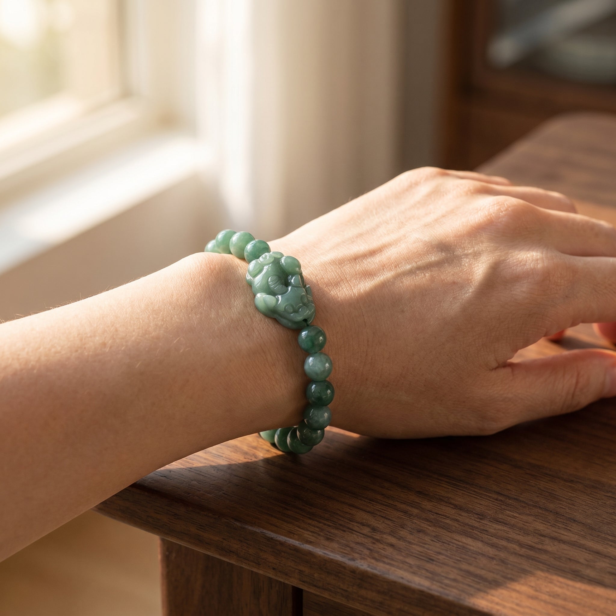 Green Jade Bracelet Worn On Wrist Lifestyle Wear Shot Chakra Aura Healing Everyday Crystal Jewelry
