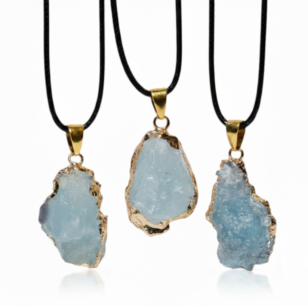 Raw Aquamarine Wire Wrapped Pendant Necklace Throat Chakra Communication Healing Spiritual Jewelry Set