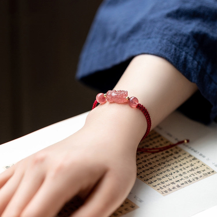 Strawberry Quartz Pixiu Red String Bracelet