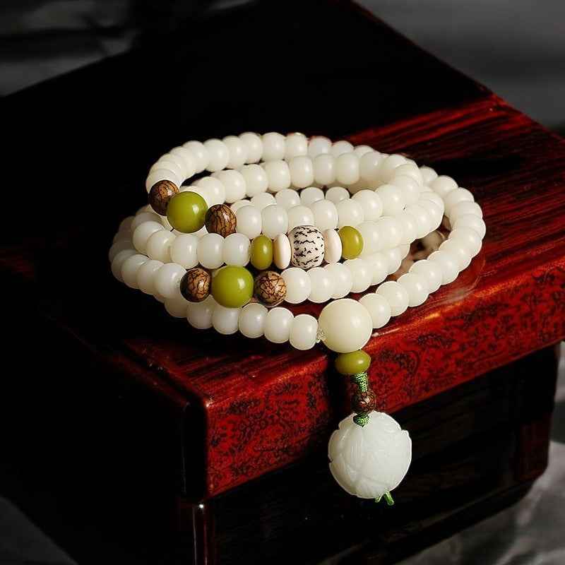 White Jade Bodhi Lotus Mala Harmony Necklace Bracelet