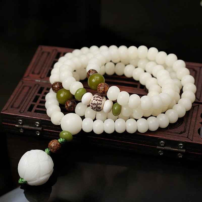 White Jade Bodhi Lotus Mala Harmony Necklace Bracelet