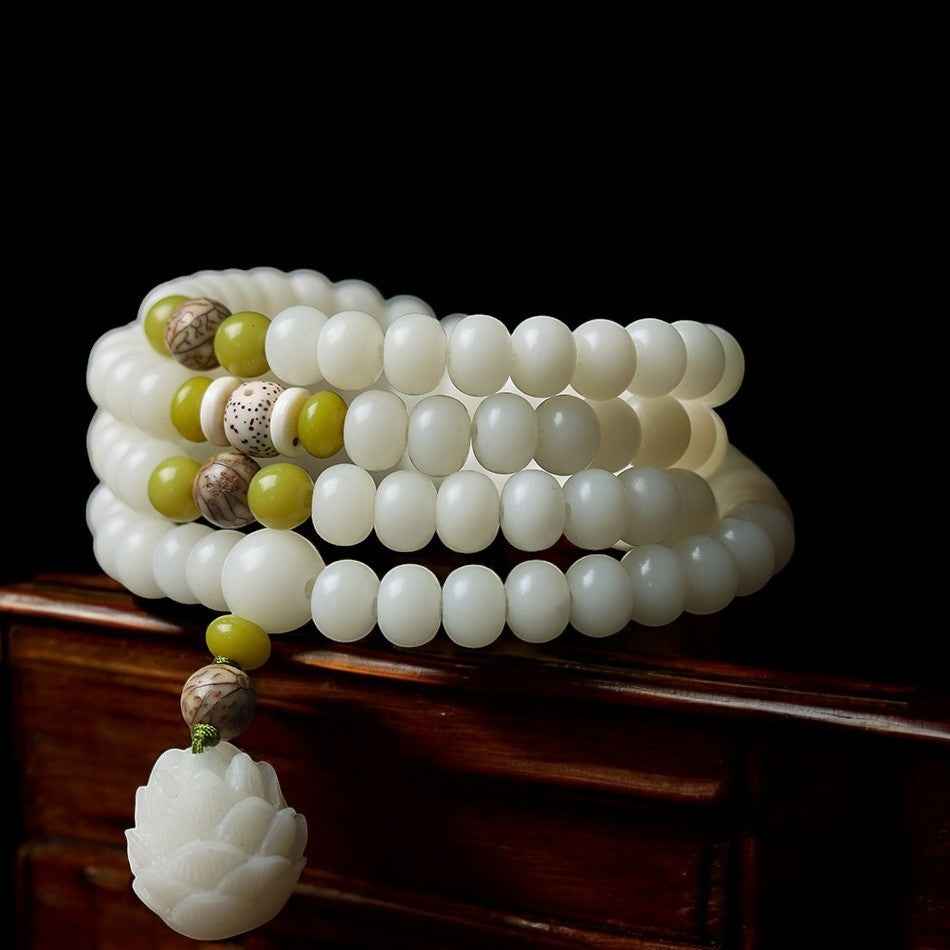 White Jade Bodhi Lotus Mala Harmony Necklace Bracelet
