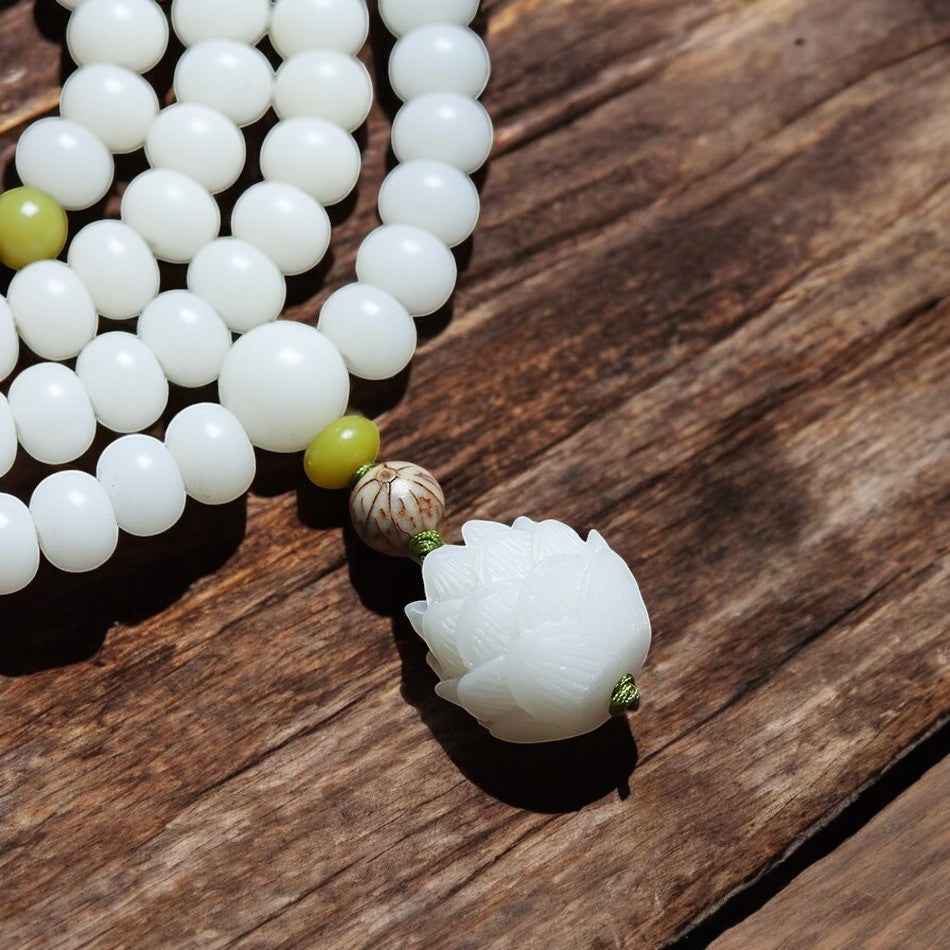 White Jade Bodhi Lotus Mala Harmony Necklace Bracelet