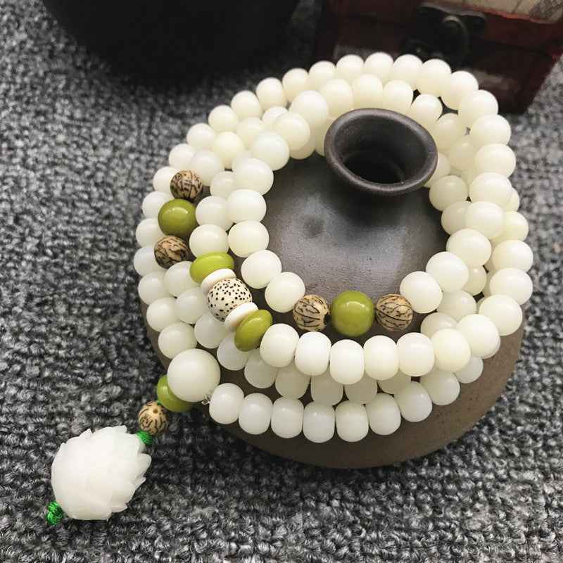 White Jade Bodhi Lotus Mala Harmony Necklace Bracelet