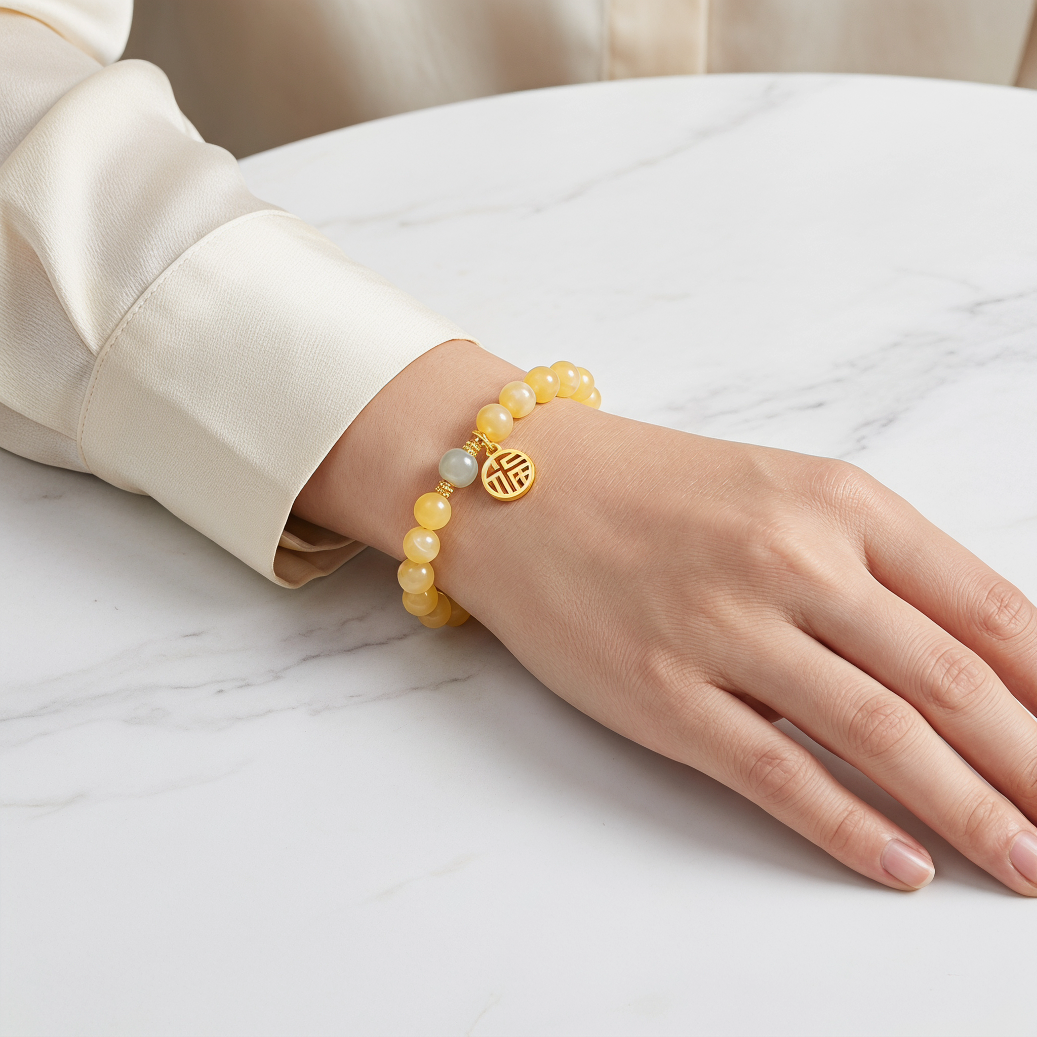 Wrist Wearing Yellow Jade Sun Charm Bracelet Everyday Wear Positive Energy Spiritual Bracelet