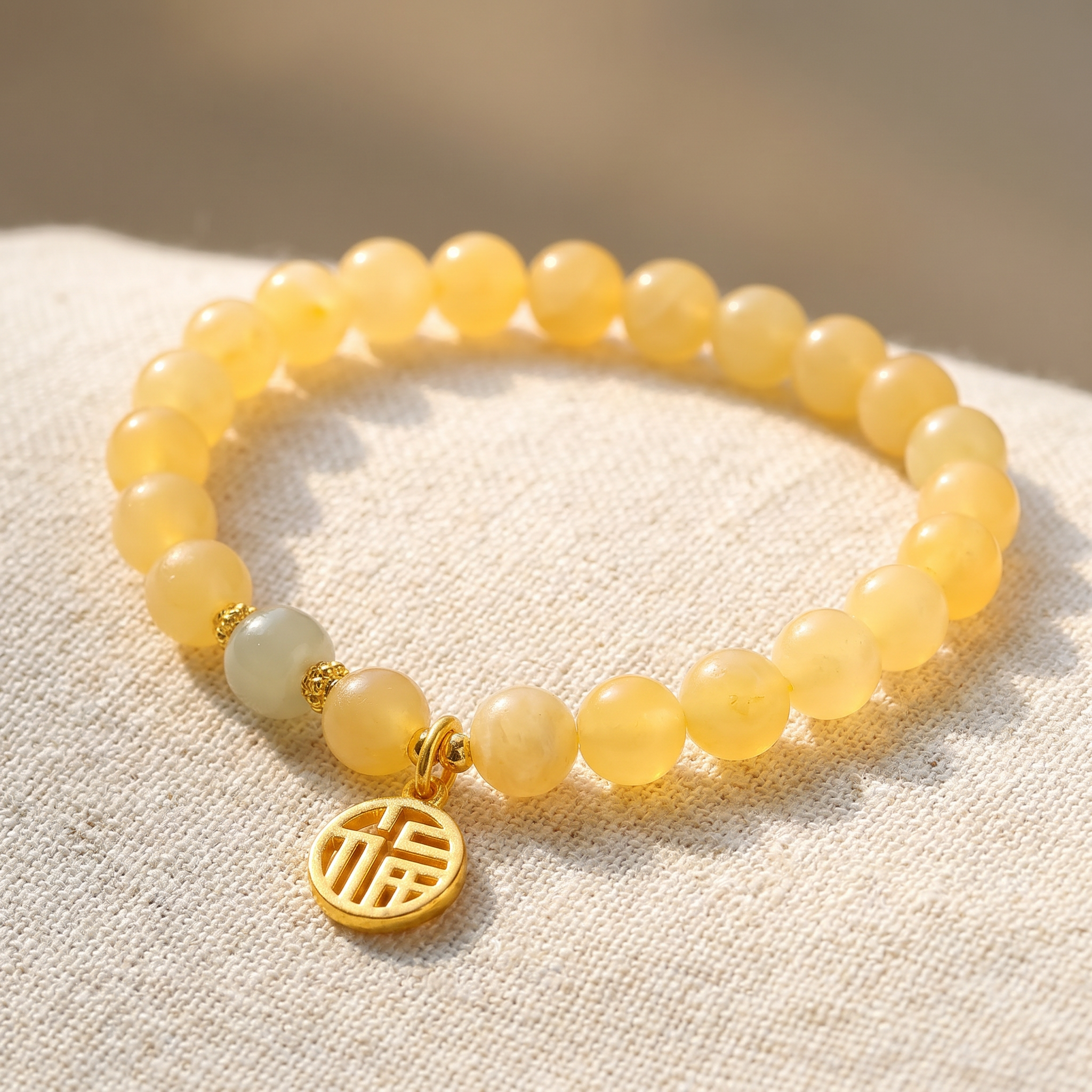Yellow Jade Beaded Bracelet Sun Charm Solar Plexus Chakra Abundance Manifestation Crystal Jewelry