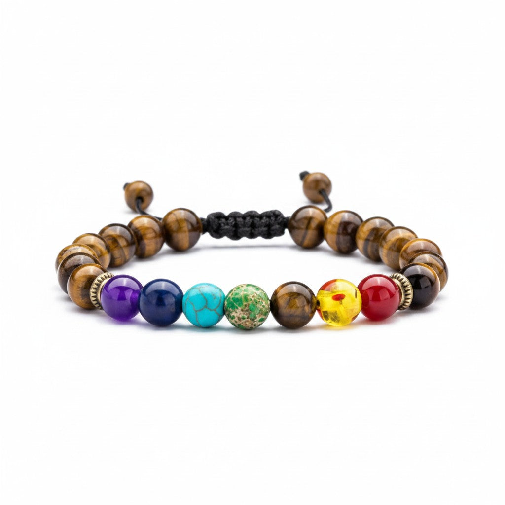 Tiger Eye Base Seven Chakra Beaded Bracelet Root To Crown Chakra Healing Protection Jewelry