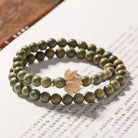 Double-Wrap Green Sandalwood Bead Lotus Pendant Bracelet