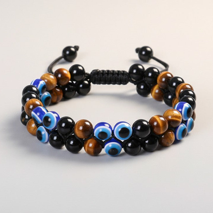 Double Layer Tiger?s Eye Evil Eye Bracelet solar plexus protection ward off envy negative energy feng shui talisman
