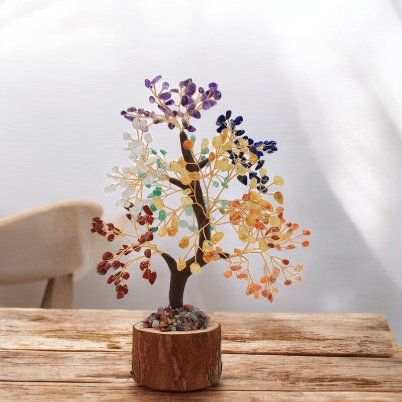 7 Chakra Gemstone Bonsai Black Wood Base Feng Shui Tree
