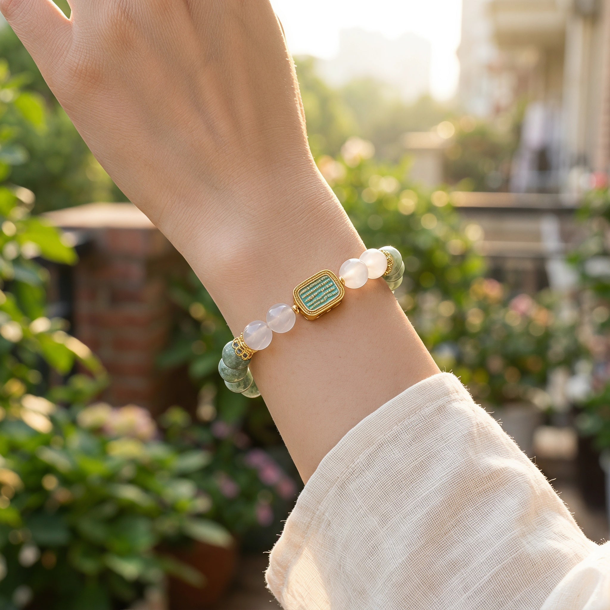 Green Jade Bracelet Outdoor Nature Lifestyle Shot Chakra Grounding Crystal Jewelry