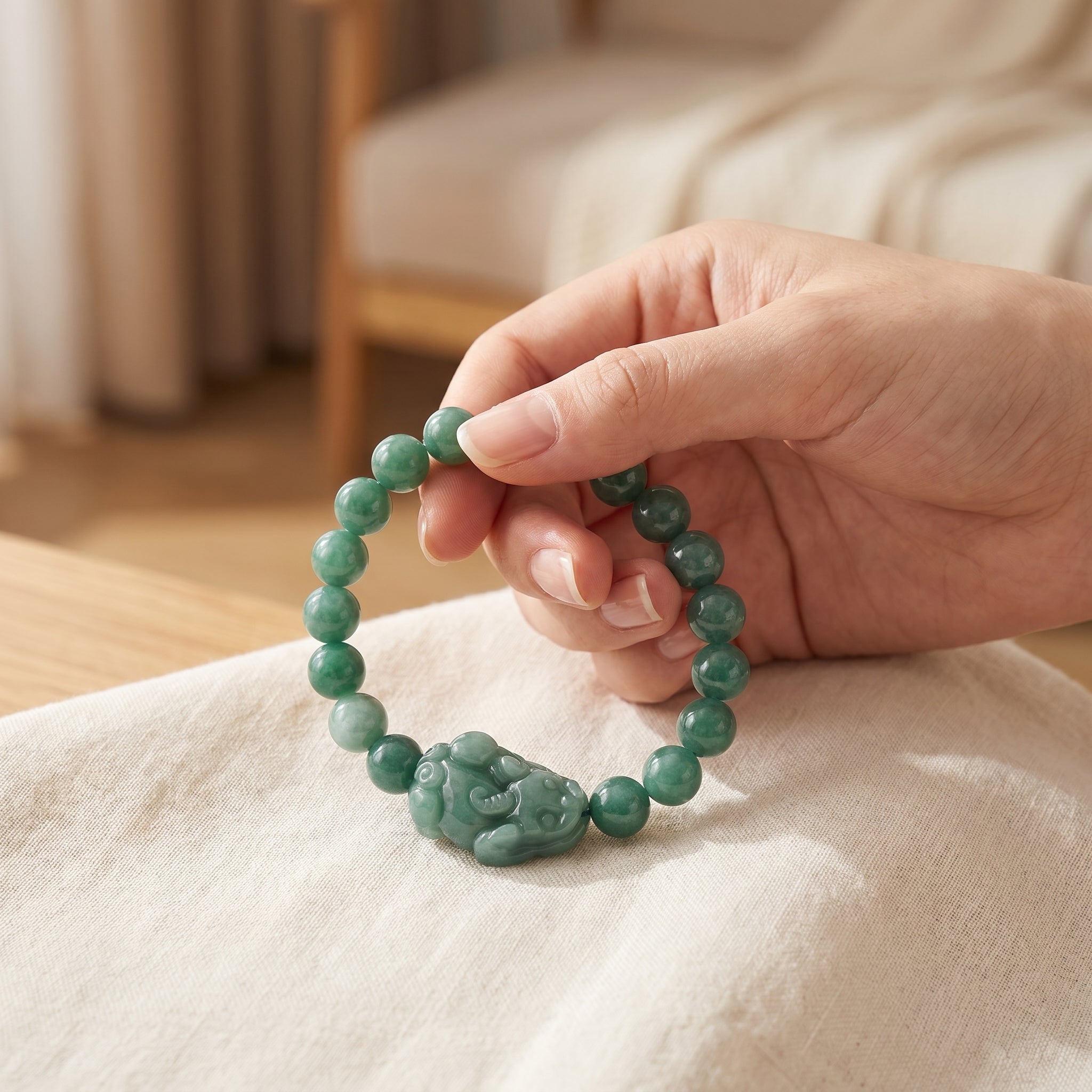 Hand Holding Natural Green Jade Bracelet Lifestyle Shot Chakra Calming Crystal Jewelry Photography"