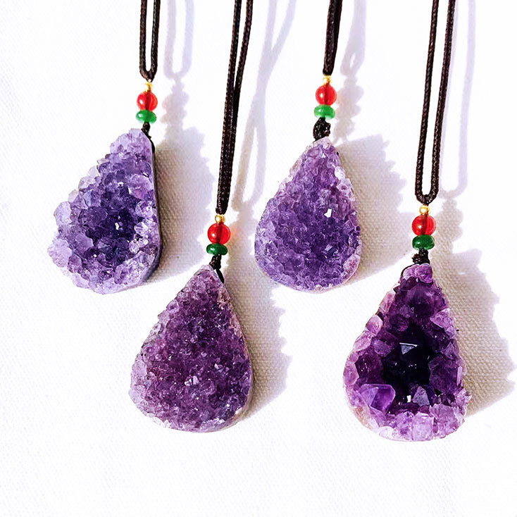 Natural Amethyst Druzy Teardrop Pendant Necklace third eye intuition emotional release crown chakra purple crystal jewelry
