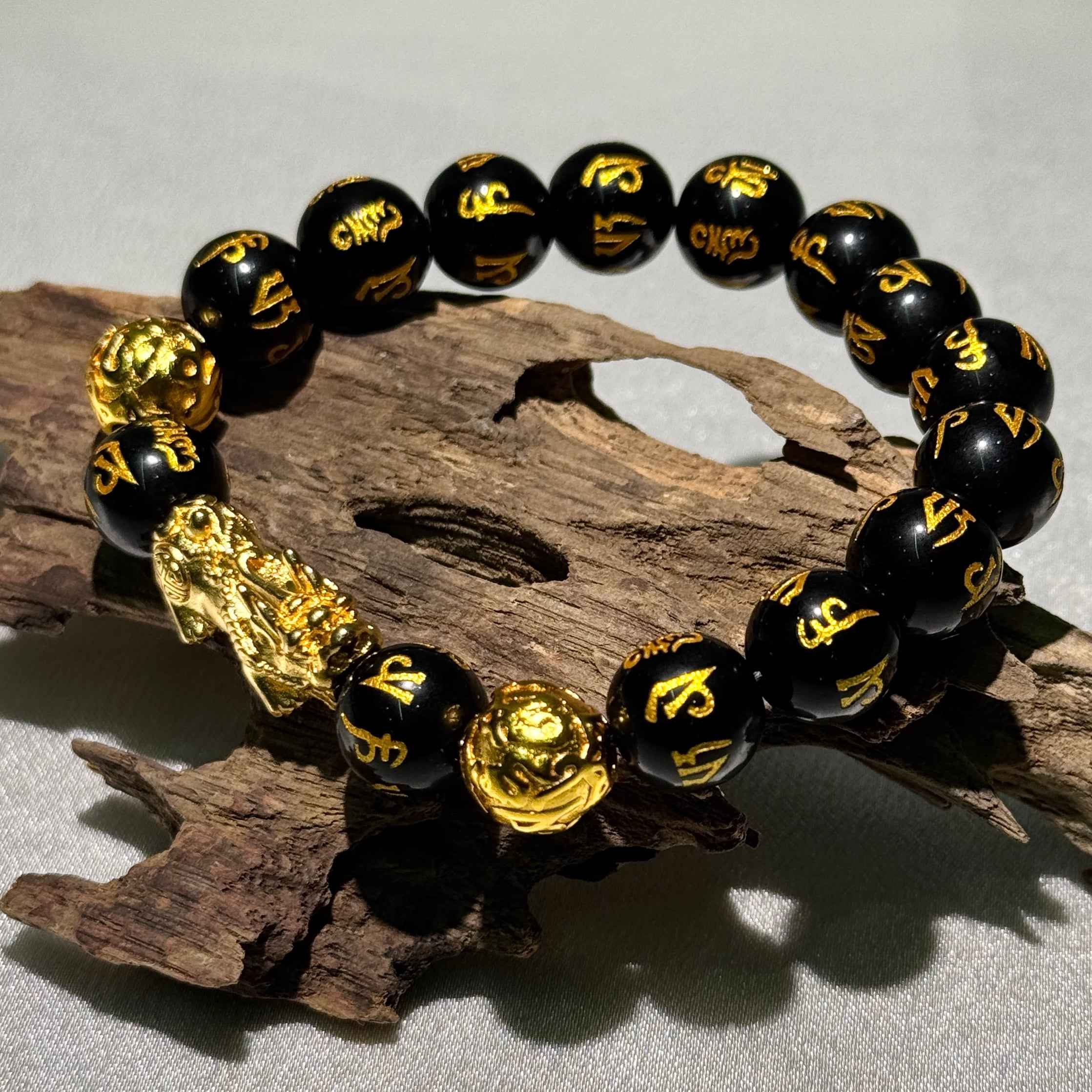 Black Obsidian Pixiu Bracelet root chakra protection 555 angel number money stability wealth retention