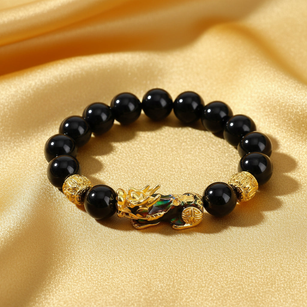 Black Obsidian Pixiu Mantra Bracelet block financial negativity 666 angel number asset protection