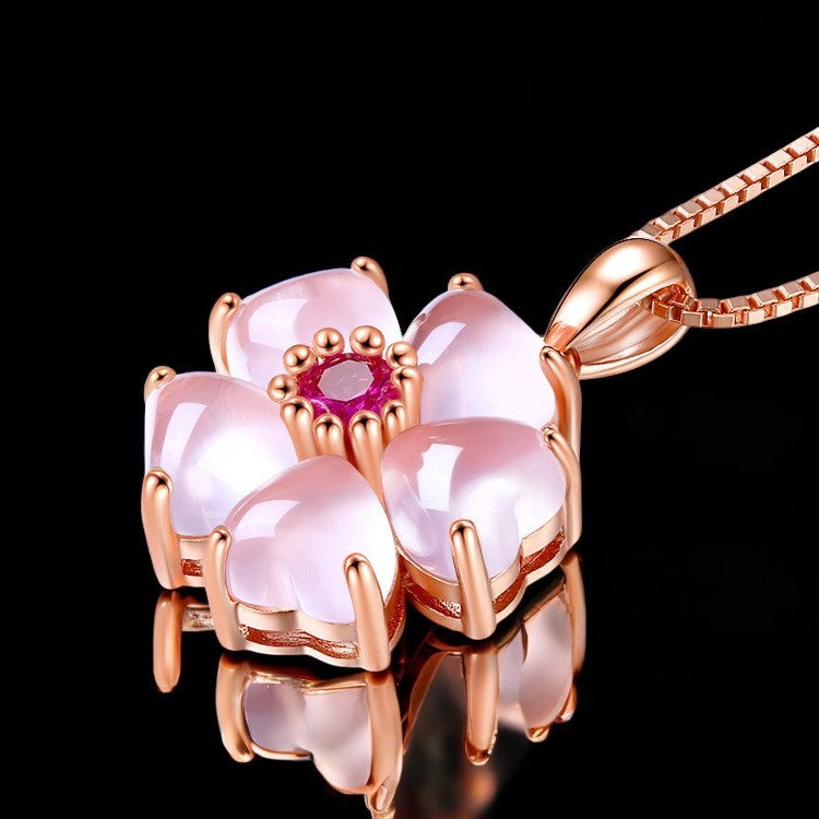 Rose Quartz Hibiscus Flower Pendant4