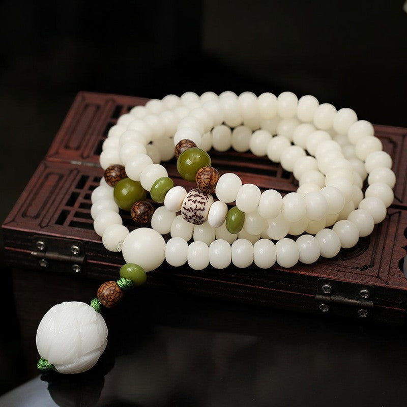 White Jade Bodhi carved Lotus 108 Mala Beads convertible necklace bracelet Buddhist feng shui spiritual jewelry
