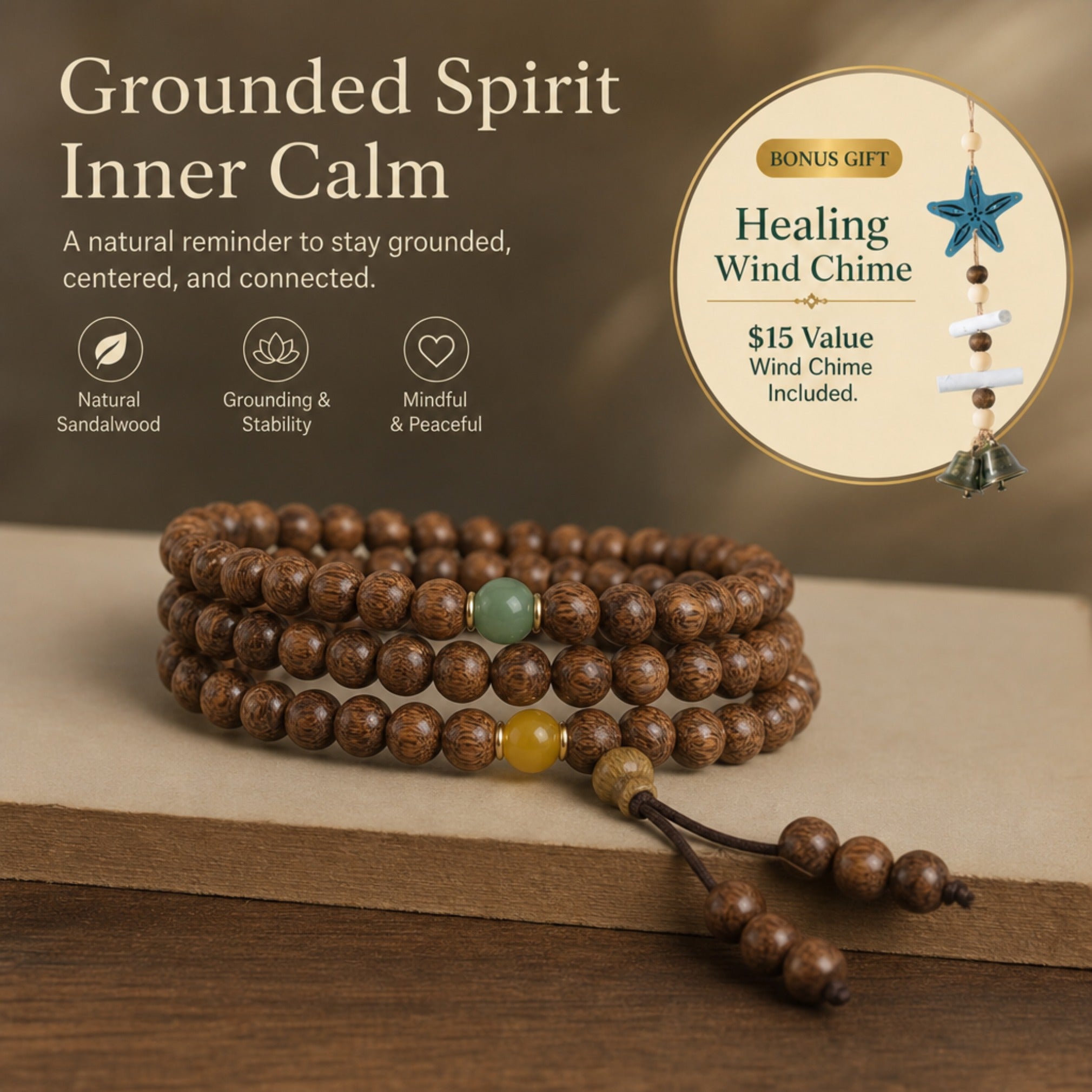 Natural Sandalwood Mala Bracelet for Grounded Spirit & Inner Calm, Free Healing Wind Chime Bonus Gift