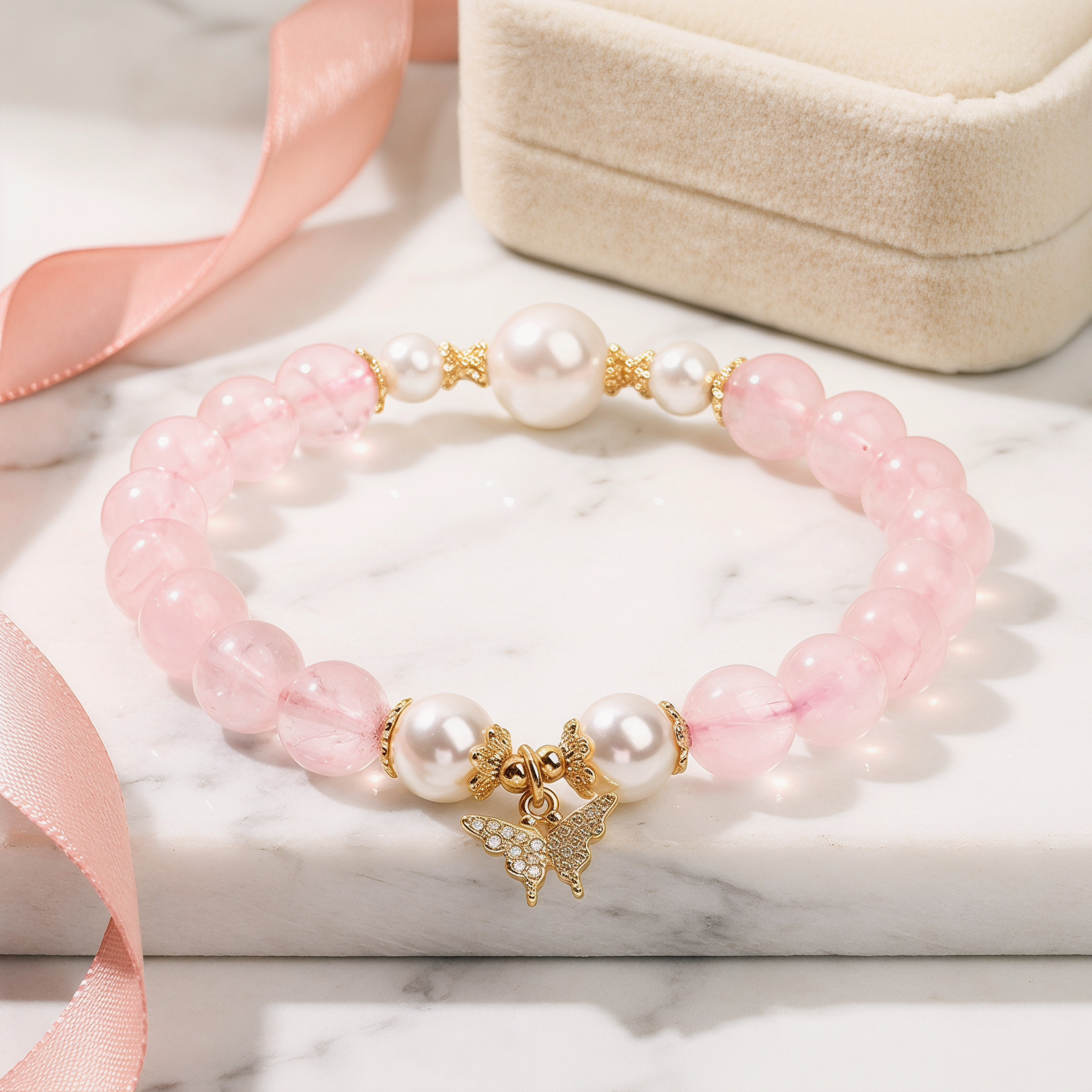 Rose Quartz Pearl Butterfly Bracelet for 333 angel number love transformation soulmate connection